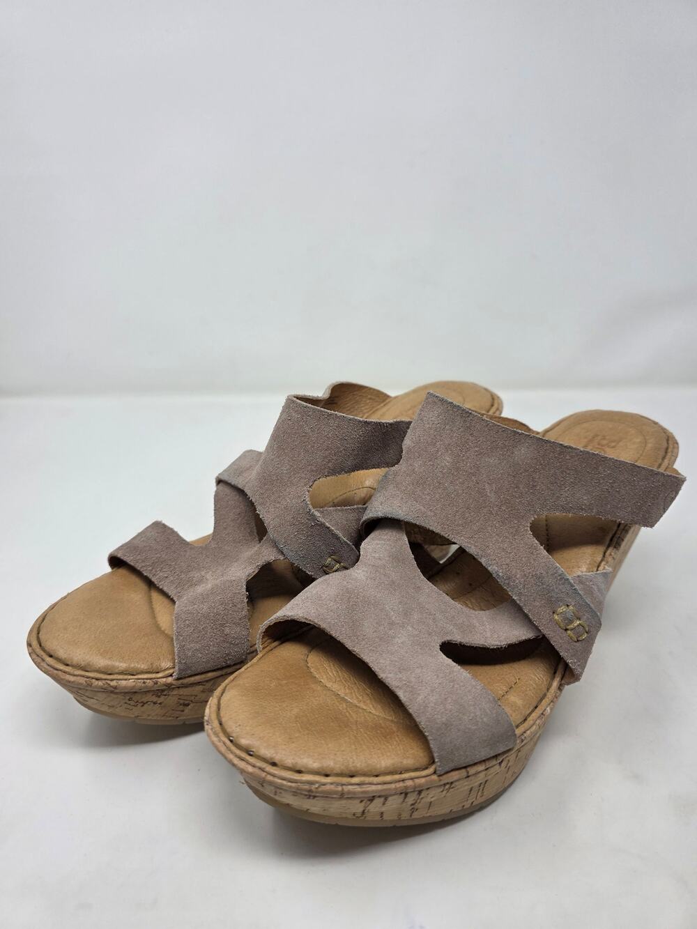 Born Suede Cork Wedge Sandals Size 8 EUC Brown Crisscross Slip On Comfort Slide